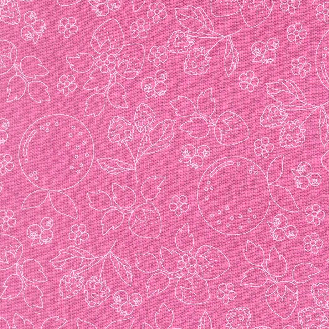 White floral and fruit outlines on a pink fabric background