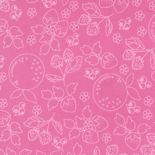 White floral and fruit outlines on a pink fabric background