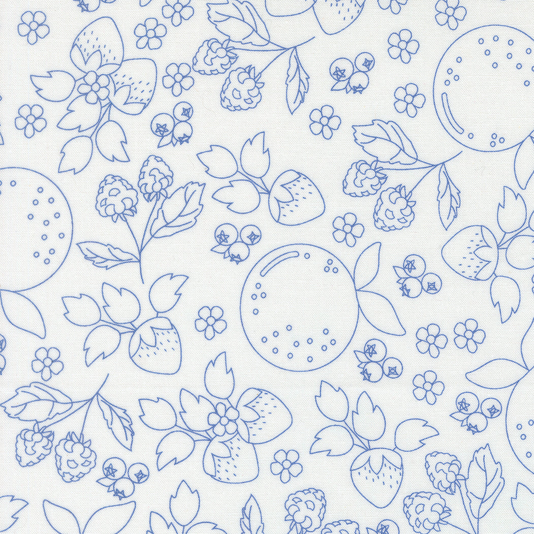 Blue line art pattern of fruits and flowers on a white background