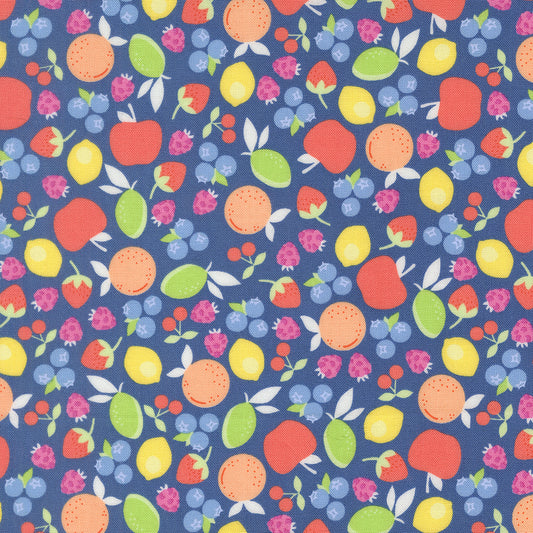 Colorful pattern of fruits and berries on a blue background