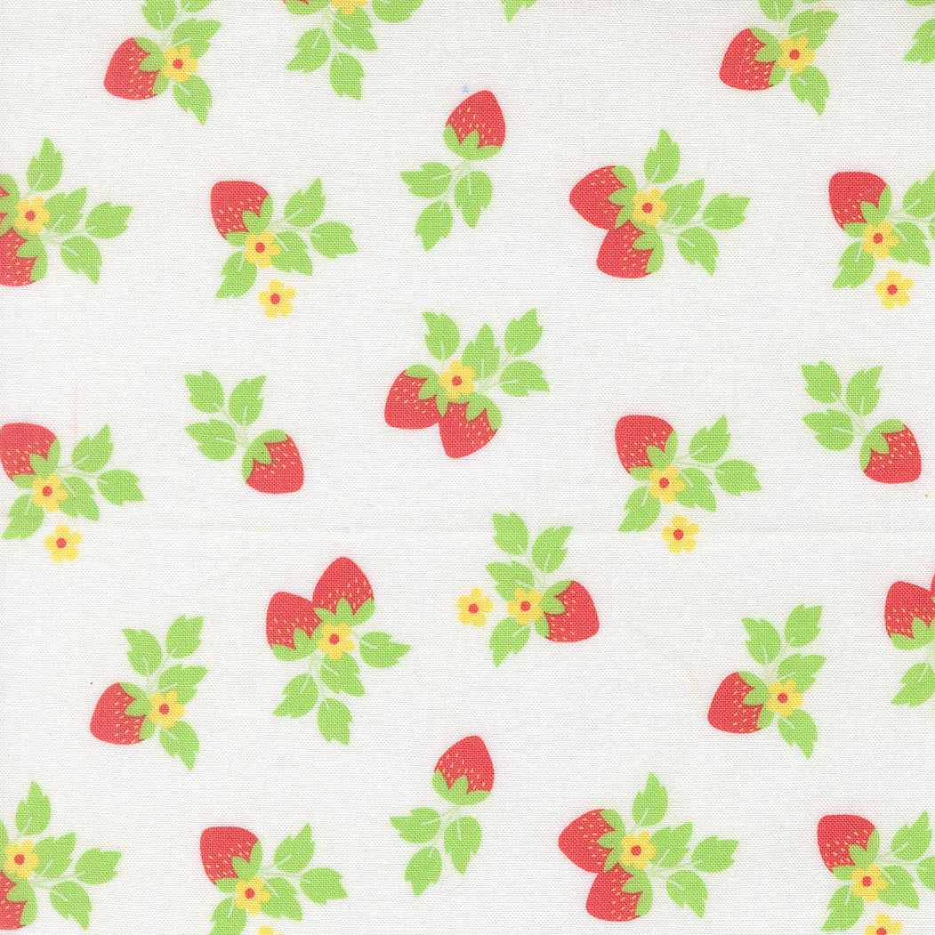 Pattern of strawberries with green leaves and yellow flowers on a white background
