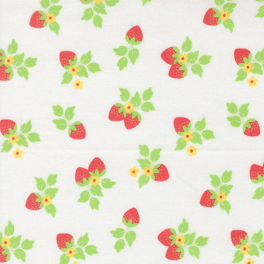 Pattern of strawberries with green leaves and yellow flowers on a white background