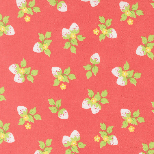 Pattern of strawberries and leaves on a red background