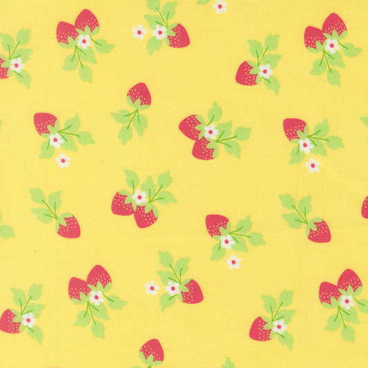 Pattern of strawberries with green leaves on a yellow background