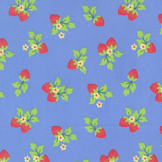 Pattern of strawberries and leaves on a blue background