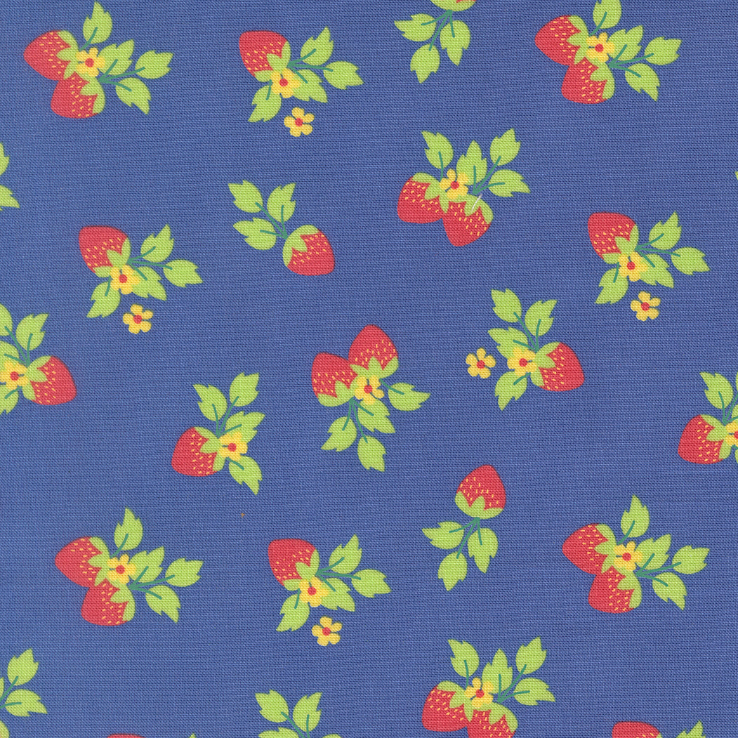Pattern of strawberries and leaves on a blue background