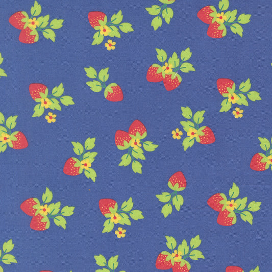 Pattern of strawberries and leaves on a blue background
