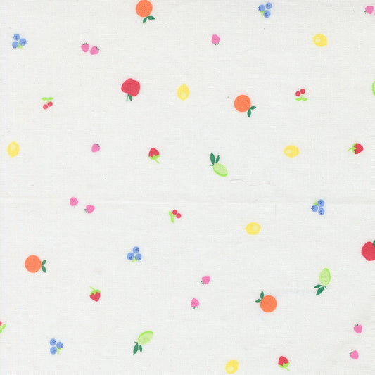Pattern of small colorful fruits and berries on a white background