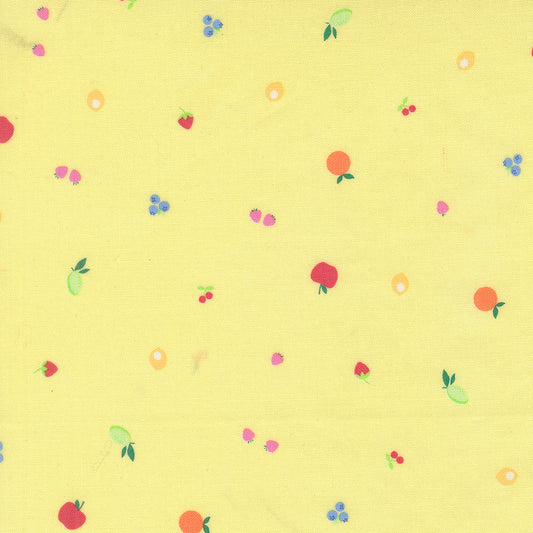 Pattern of small fruits and berries on a yellow background