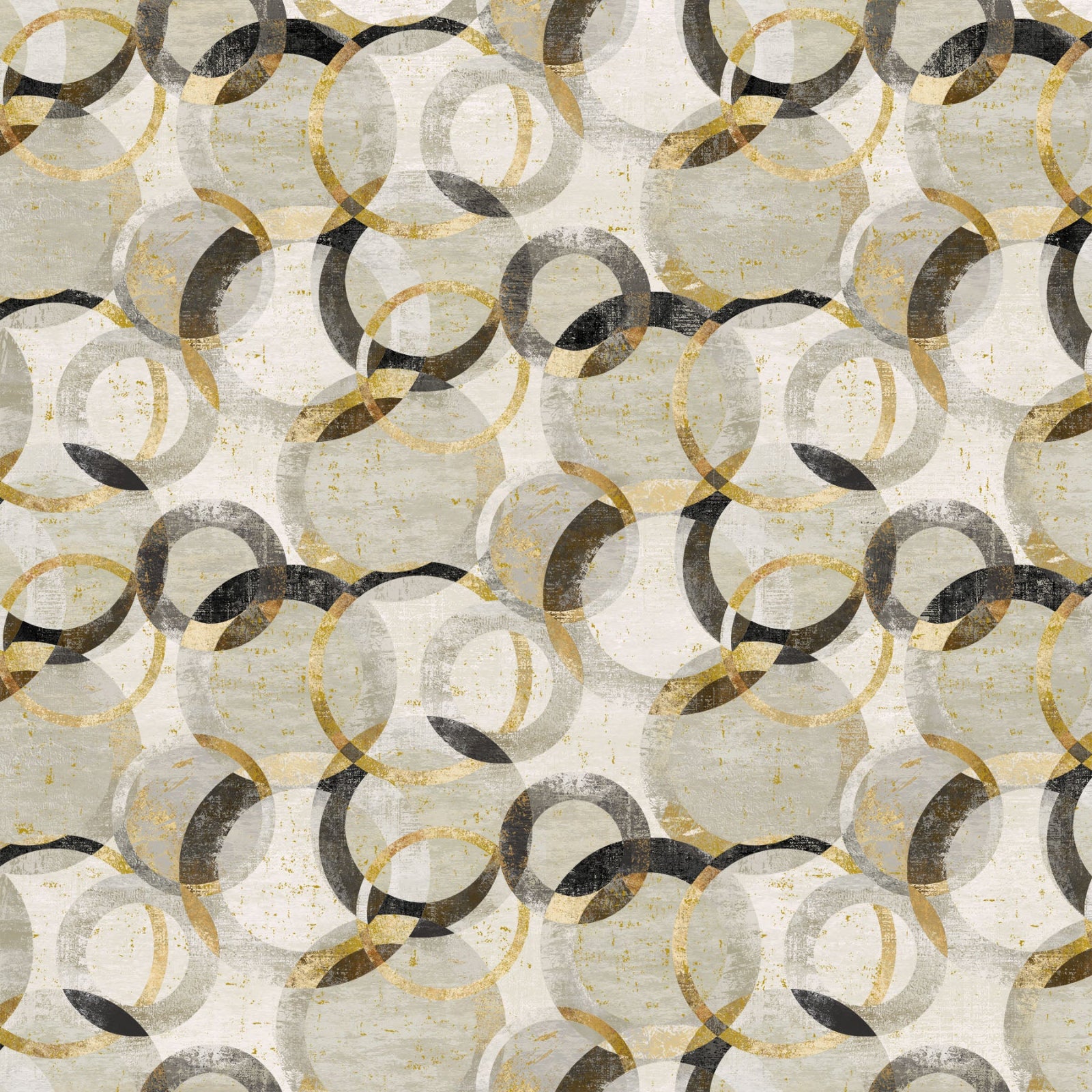 Patterned fabric with circular shapes in black, gold, and gray on a beige background