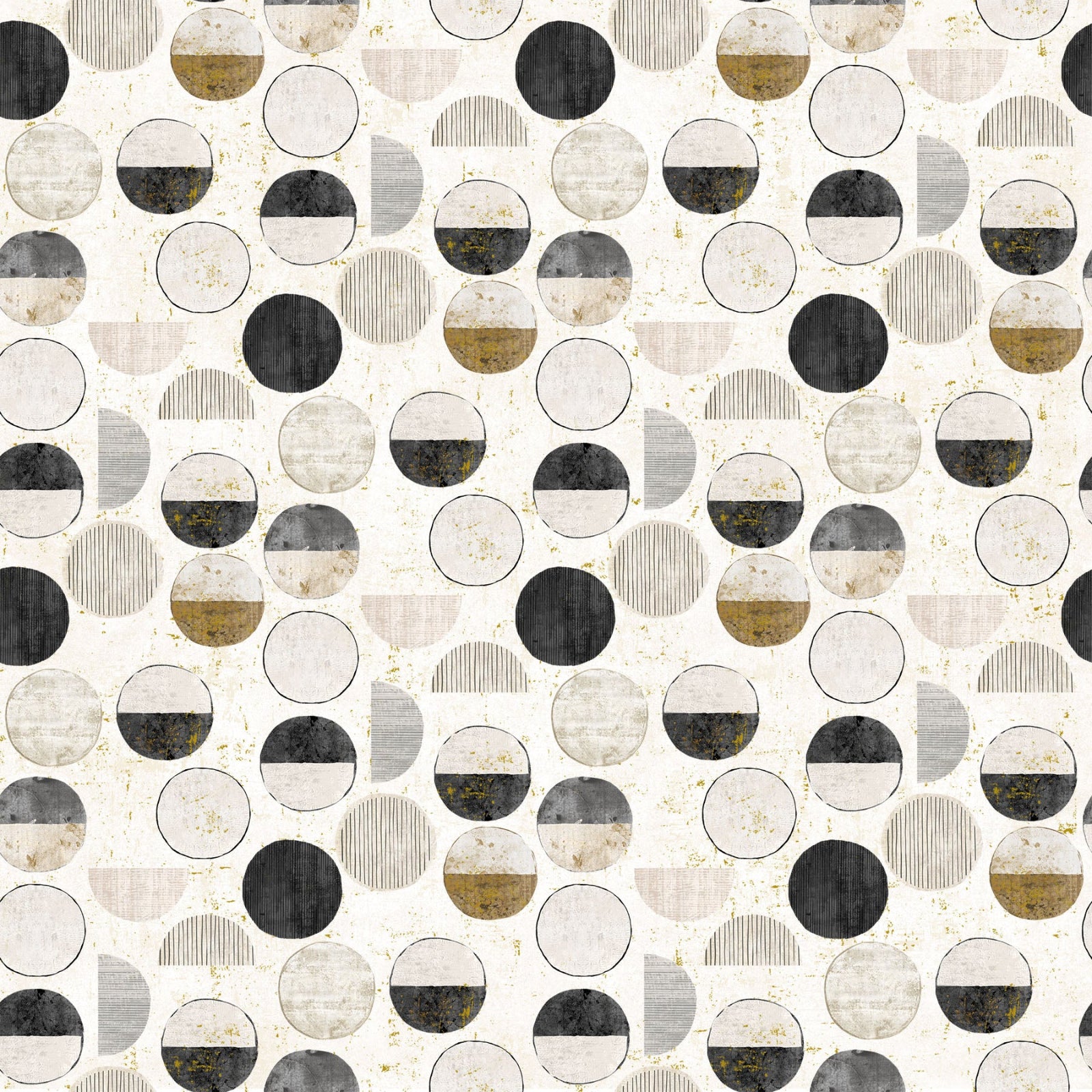 Pattern of black, white, and gold circles on a beige background
