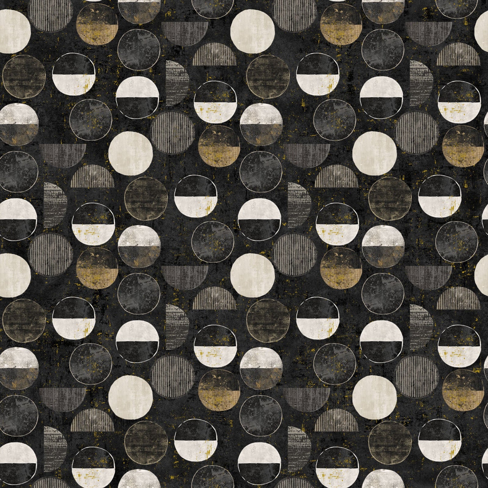 Pattern of geometric circles in black, white, and gold on a textured background