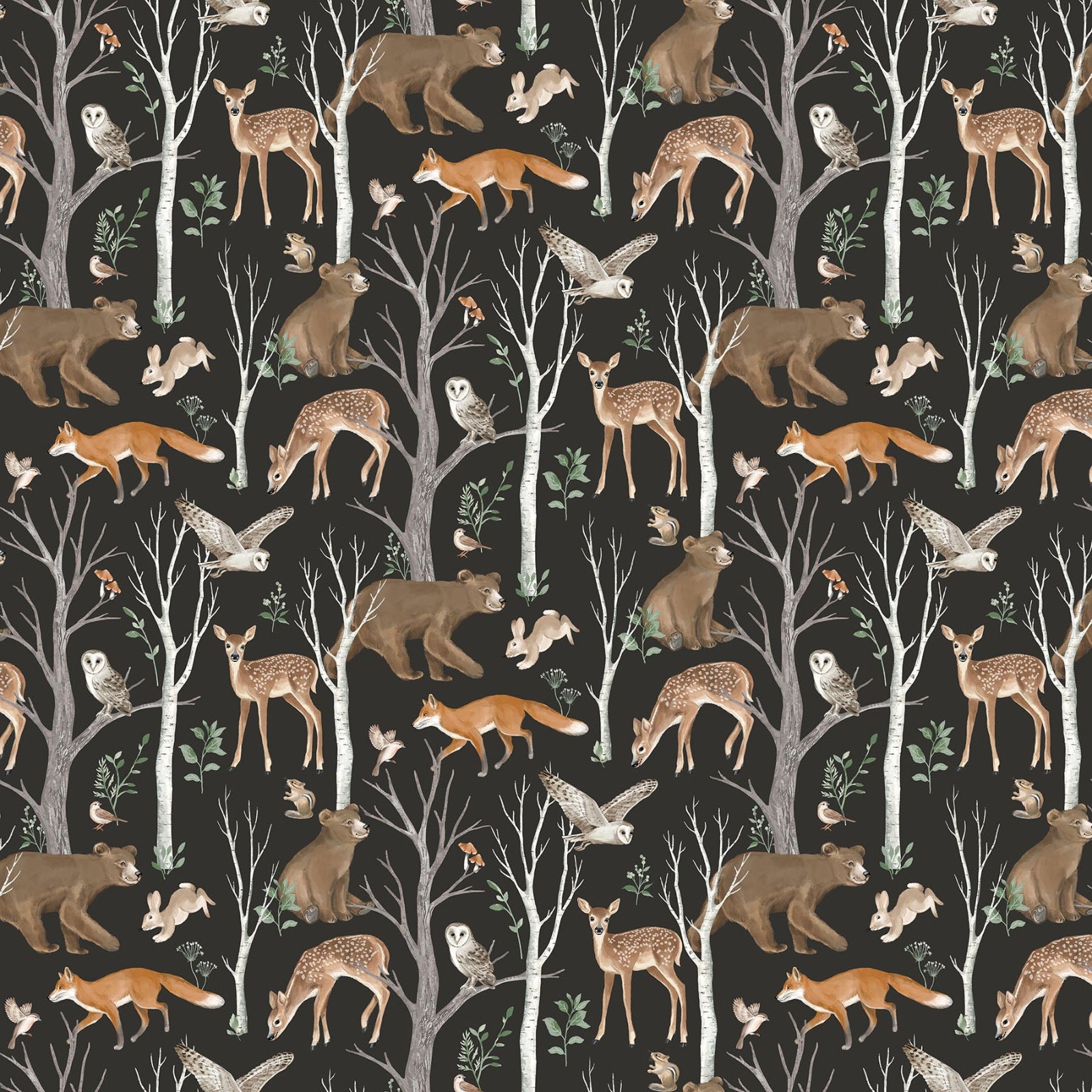 A repeating forest-themed pattern featuring brown bears, foxes, deer, owls, and birds among tall trees on a very dark charcoal background.
