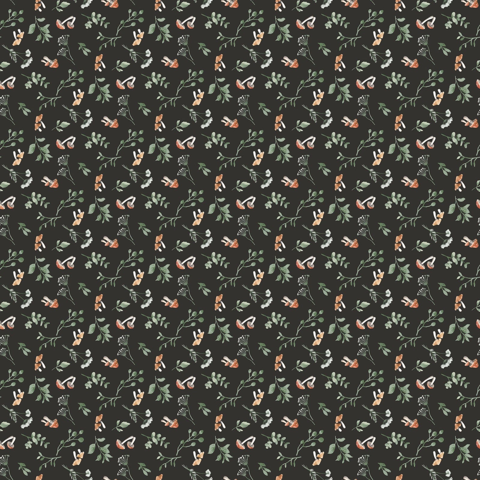 A repeating pattern of small orange mushrooms, green leaves, and white flowers on a very dark charcoal background.