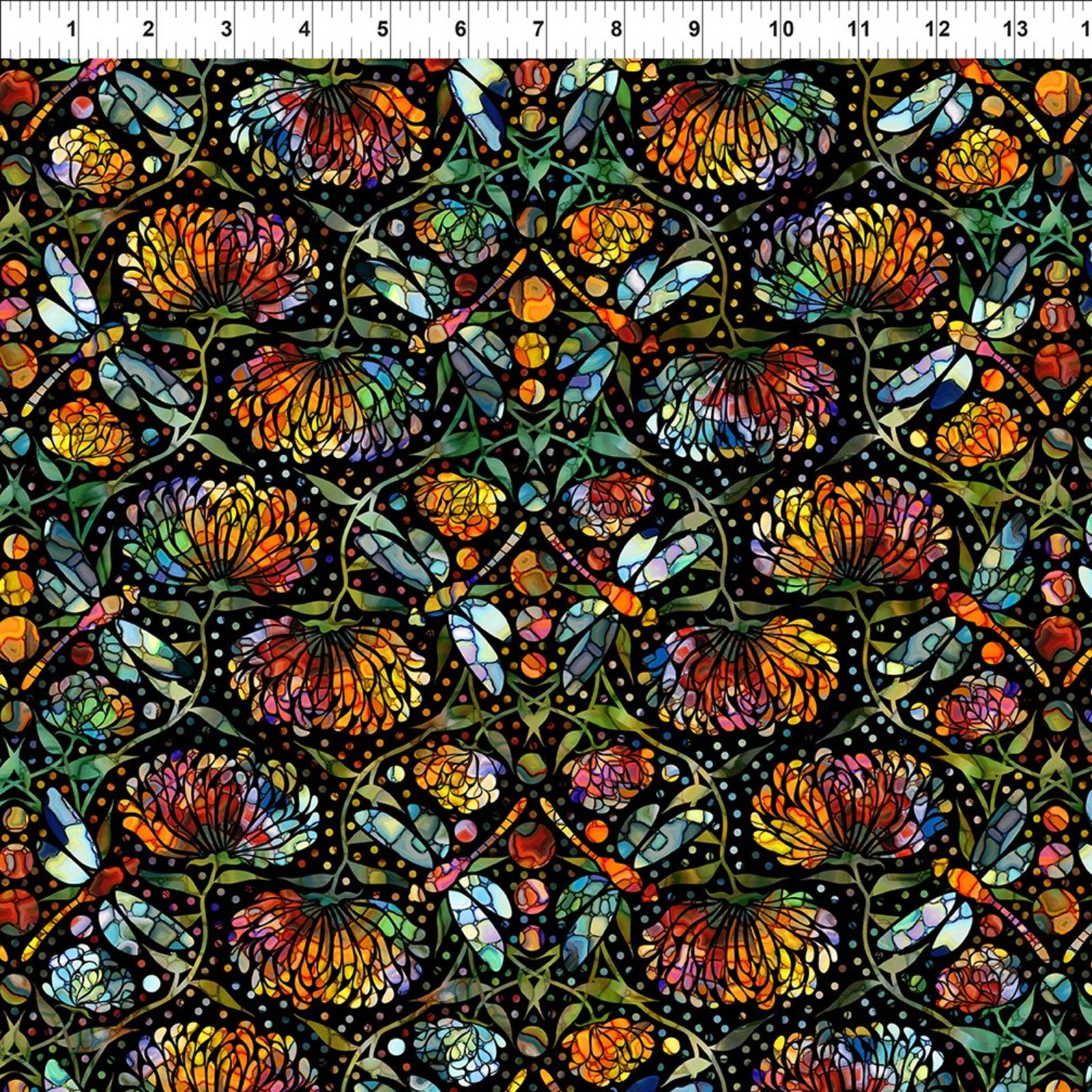 Colorful floral and dragonfly pattern on a black background