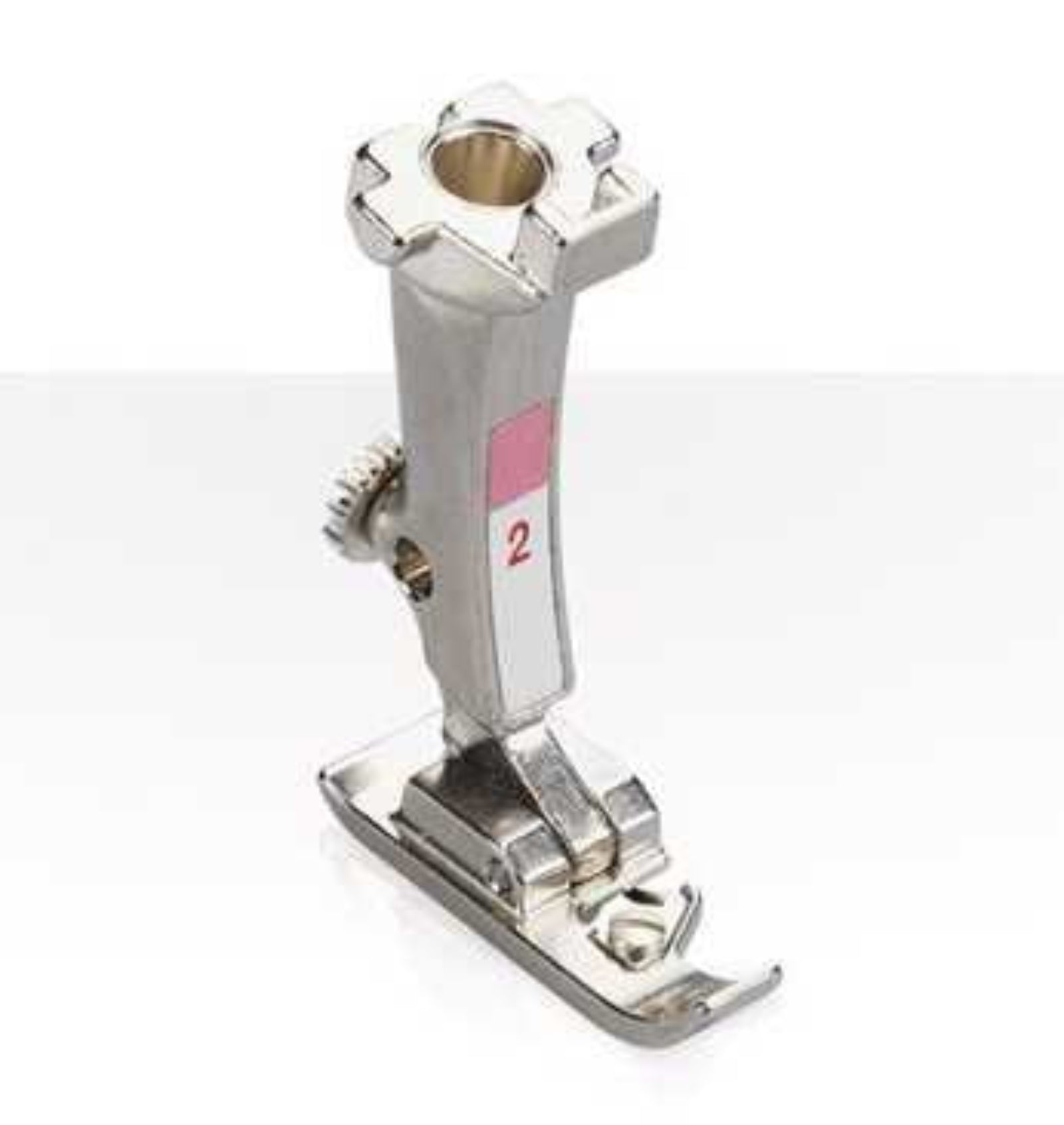 Metal sewing machine foot with a pink label on a white background
