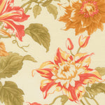 A close-up of a floral patterned fabric or wallpaper featuring large flowers in red, orange, and cream with olive green leaves on a warm cream background.