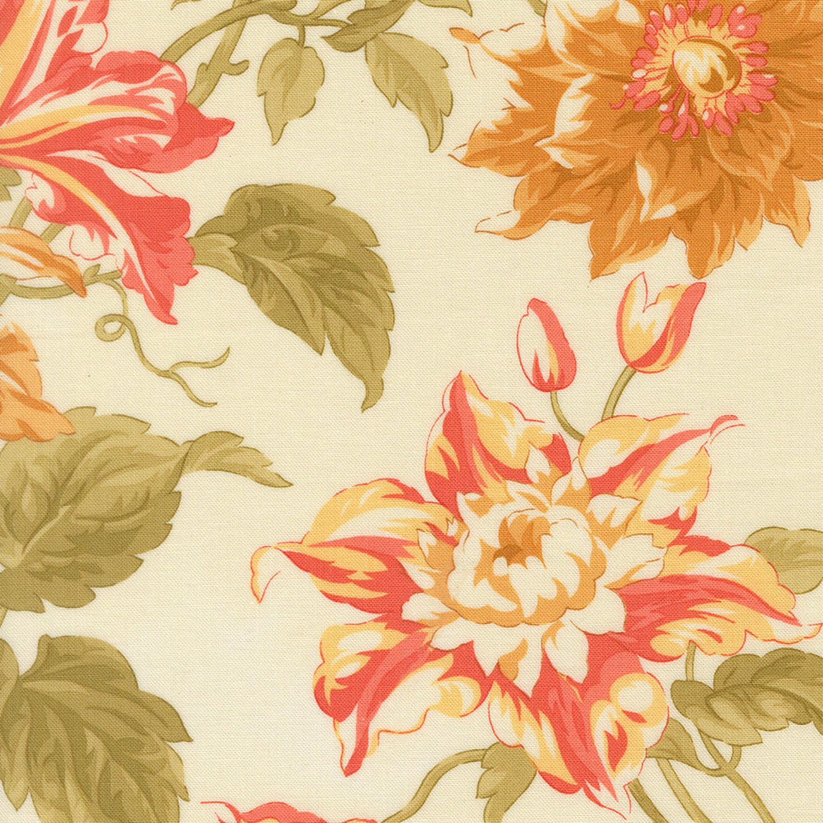 A close-up of a floral patterned fabric or wallpaper featuring large flowers in red, orange, and cream with olive green leaves on a warm cream background.