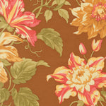 Floral pattern with pink, yellow, and green flowers on a brown background