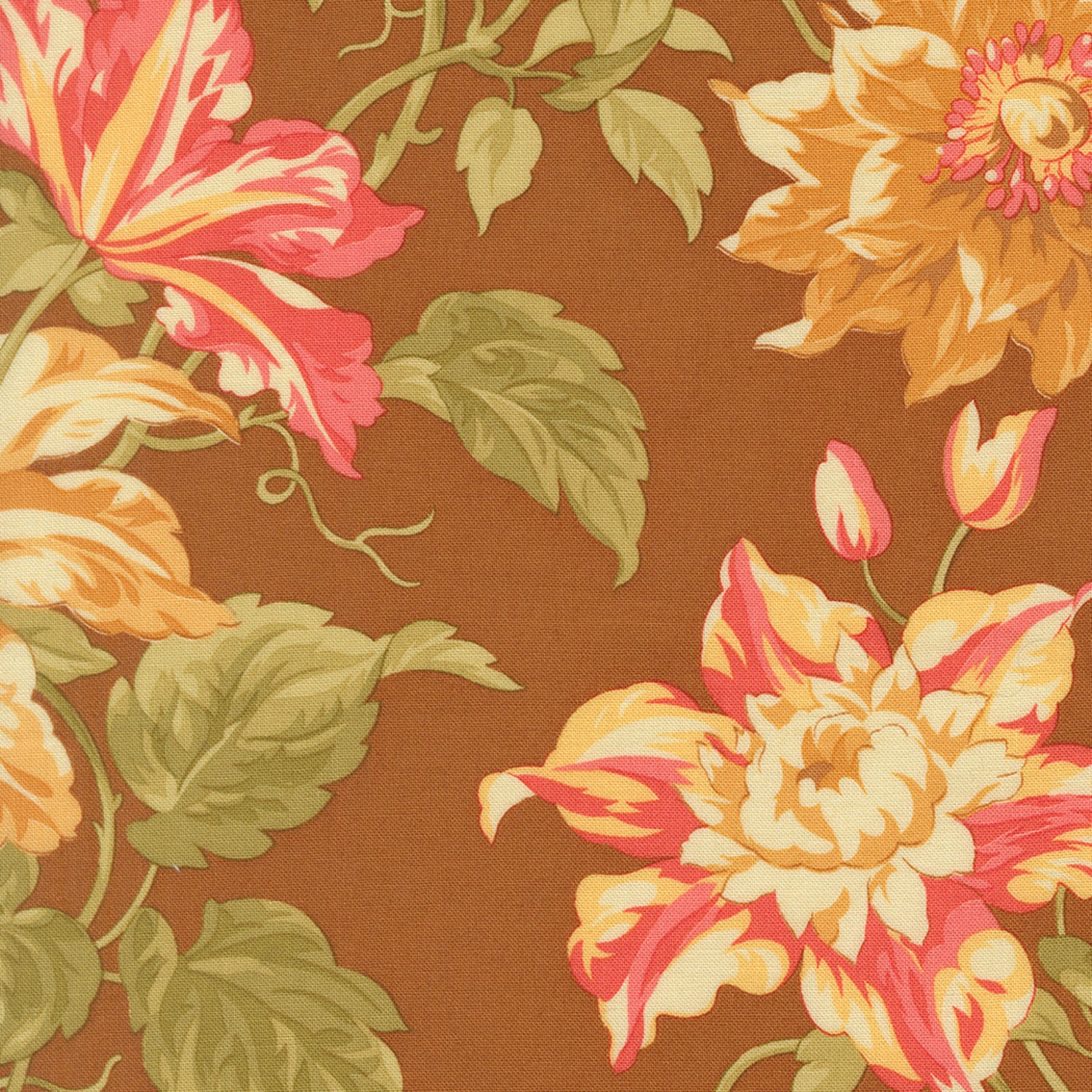 Floral pattern with pink, yellow, and green flowers on a brown background