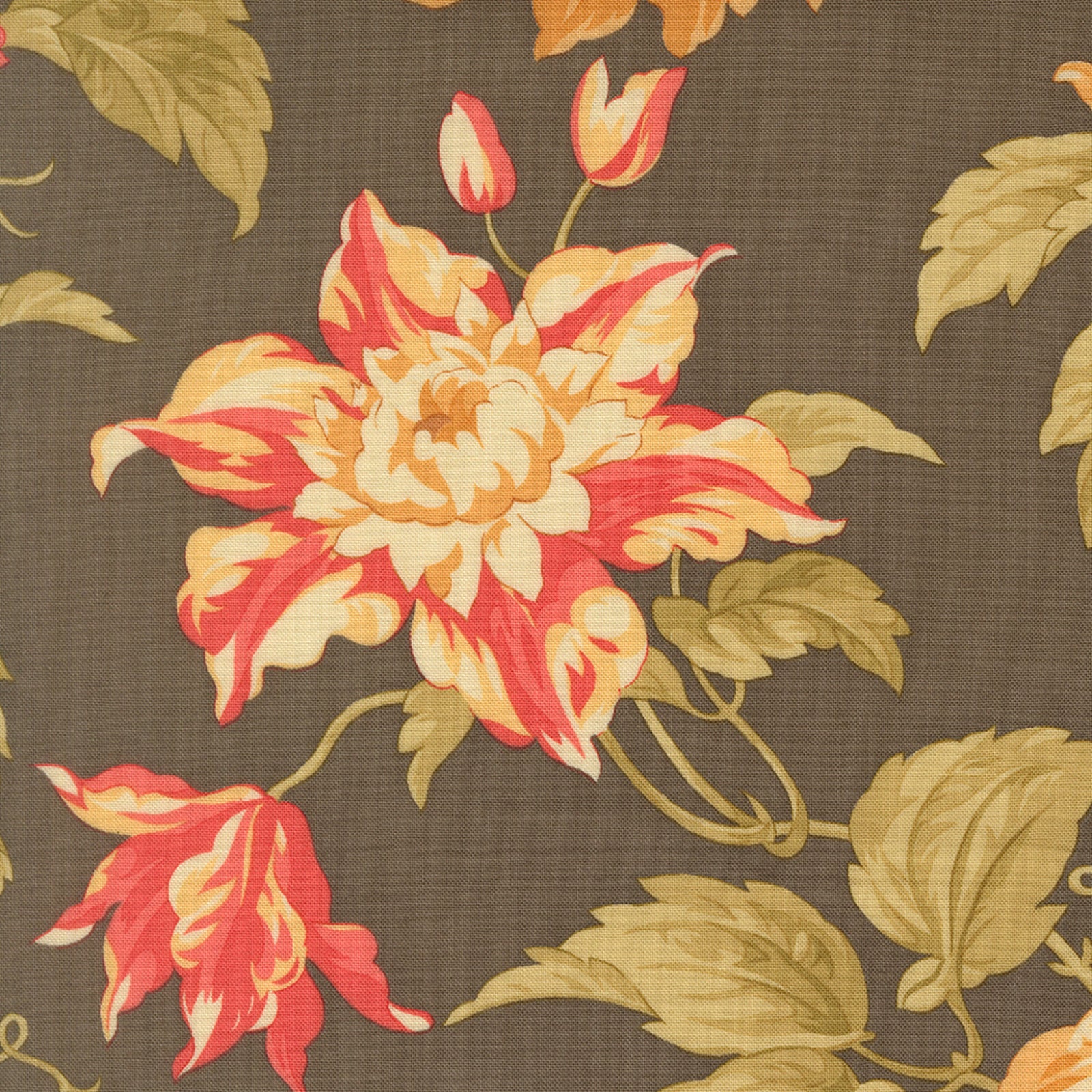 A close-up of a floral fabric pattern featuring large cream and red flowers with olive green leaves on a dark brown background.