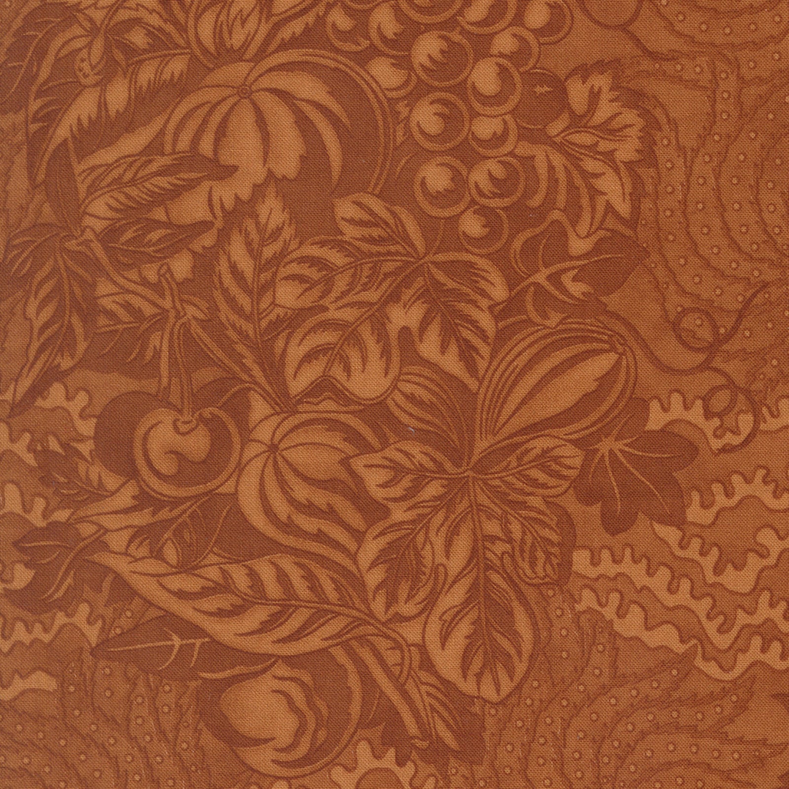 Brown patterned fabric with leaves, berries, and pumpkins
