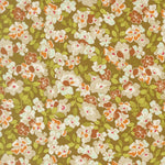 A repeating floral pattern with white and cream blossoms, brown and orange centers, and green leaves on an olive-brown background.