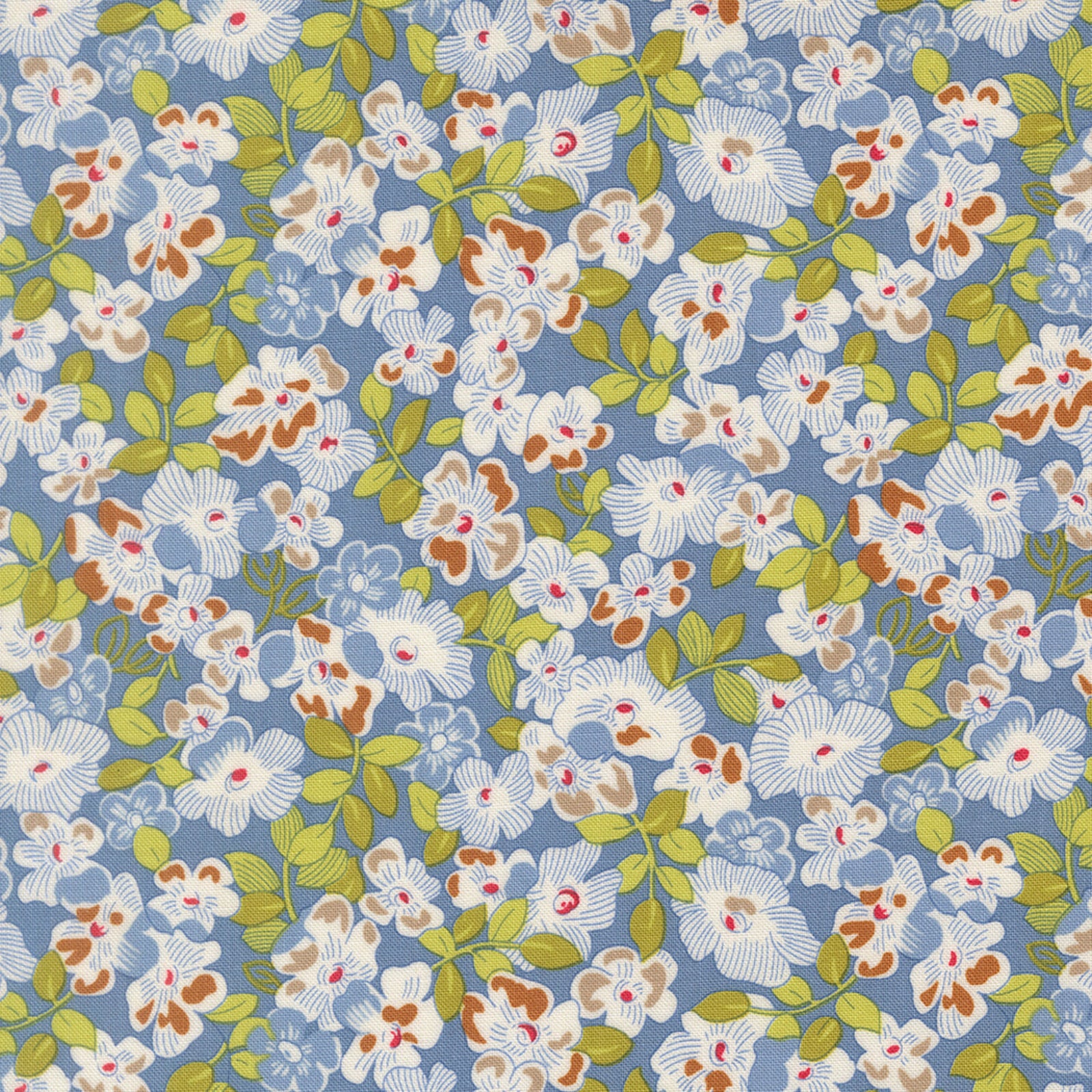 A repeating floral pattern on a dusty blue background, featuring white flowers with brown centers, olive green leaves, and small light blue blossoms.