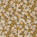 A repeating floral pattern with cream and white flowers, tan and orange centers, olive green leaves, and a muted taupe-brown background.