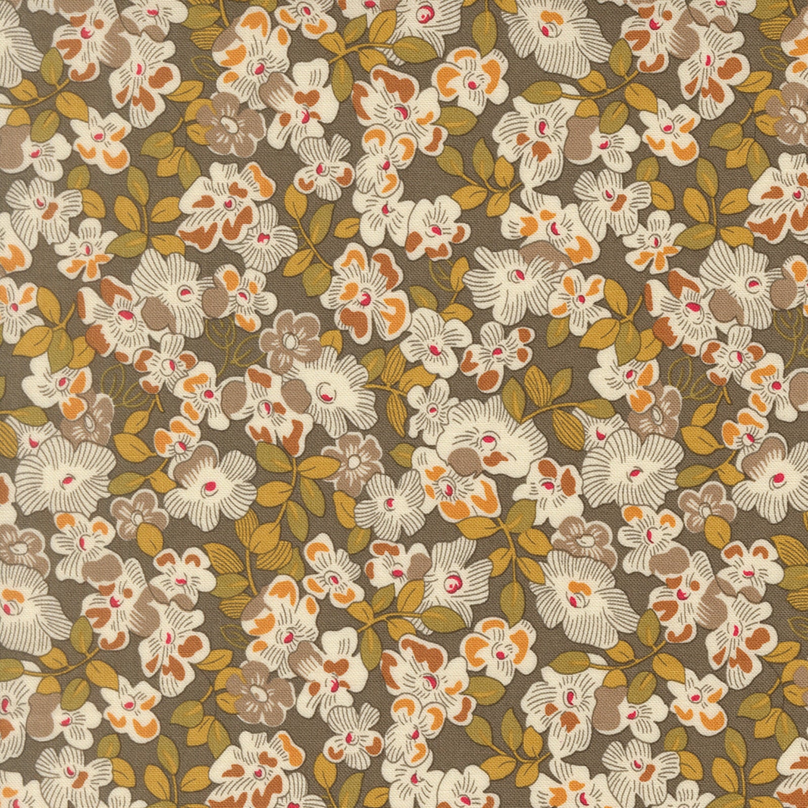 A repeating floral pattern with cream and white flowers, tan and orange centers, olive green leaves, and a muted taupe-brown background.