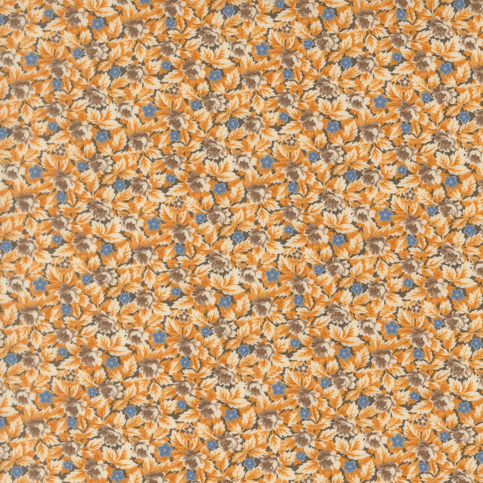 A close-up of a repeating floral pattern featuring mustard yellow and cream flowers with brown centers and small blue accents.