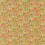 A close-up of a repeating floral pattern with small pink and coral flowers, green leaves, and cream petals on a light beige background.