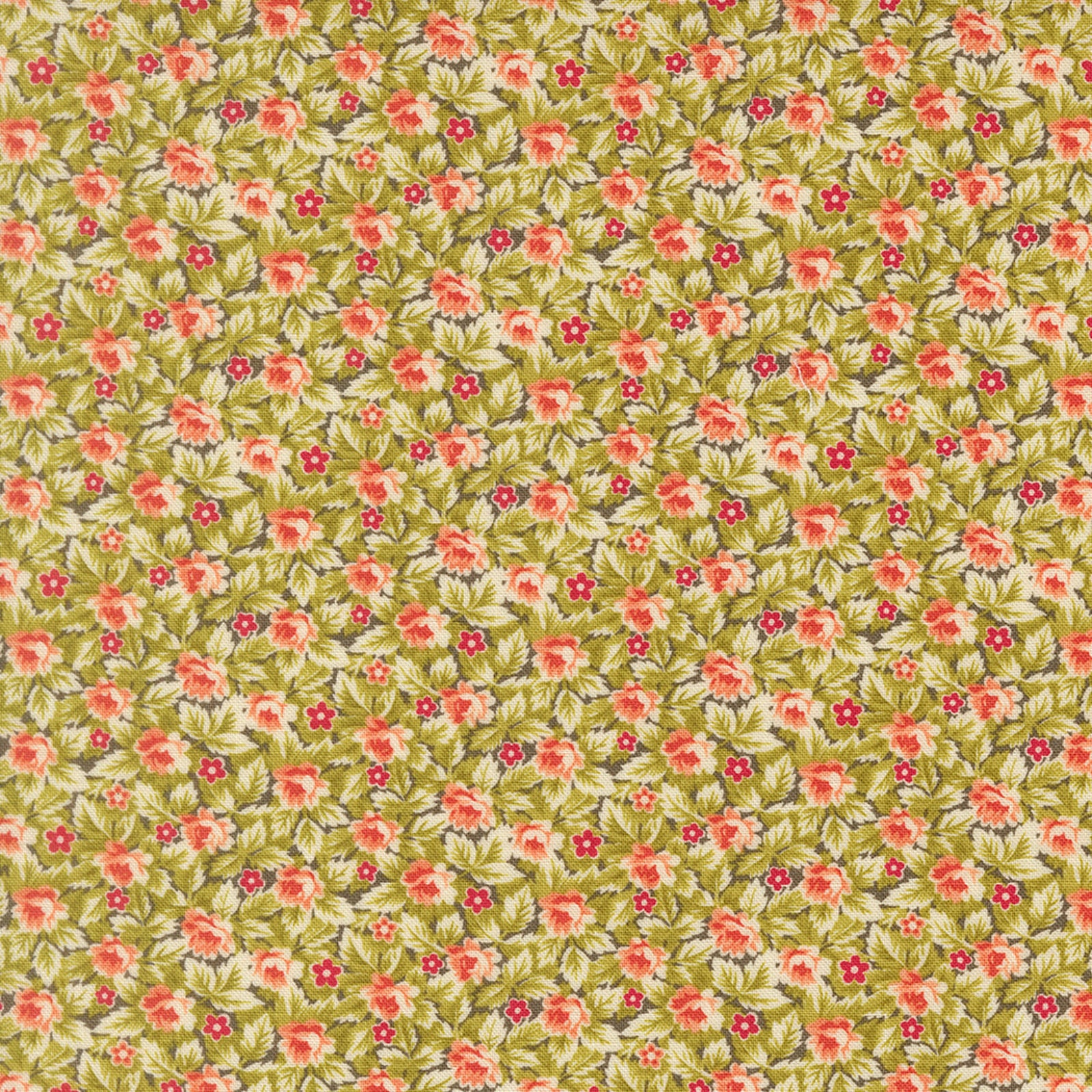 A close-up of a repeating floral pattern with small pink and coral flowers, green leaves, and cream petals on a light beige background.
