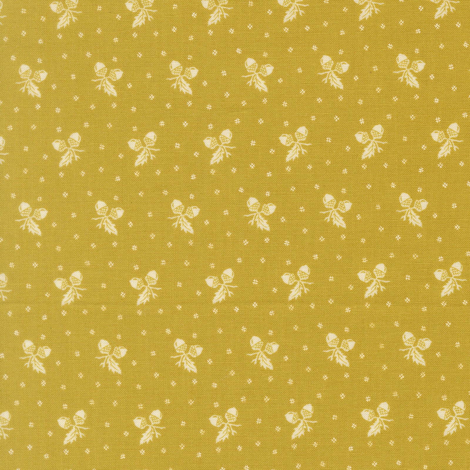 A close-up of a fabric pattern featuring a mustard yellow background with a repeating design of small white butterflies and tiny white dots.