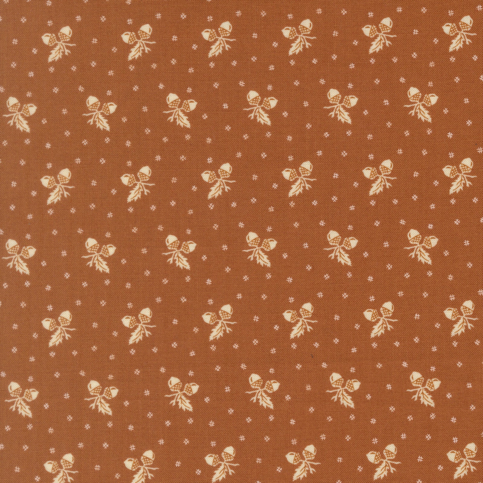 A close-up of a brown fabric or wallpaper pattern featuring a repeating motif of cream-colored bows, small diamond shapes, and tiny leaf-like accents.