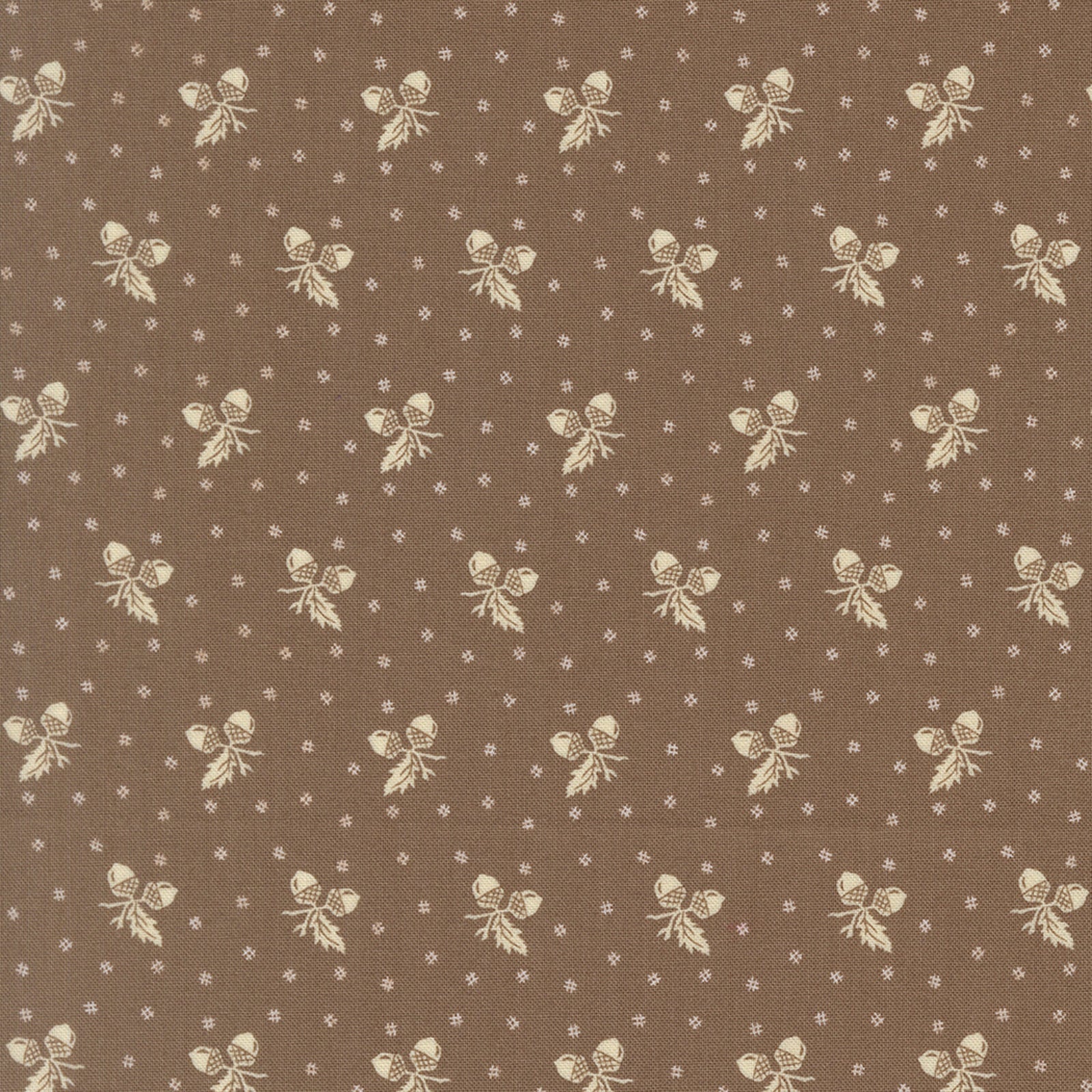 Brown fabric with a repeating pattern of cream-colored bows and small white floral motifs.