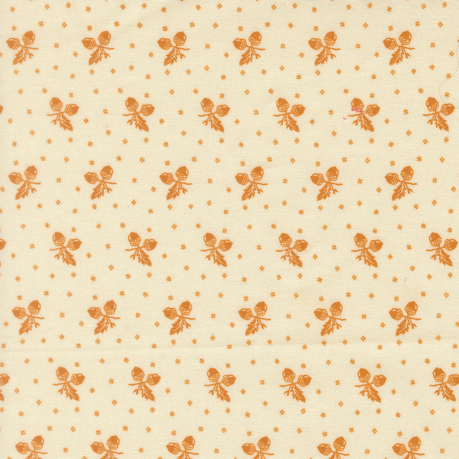 A close-up of a fabric pattern featuring a repeating motif of orange-brown floral clusters and small diamond shapes on a warm cream background.