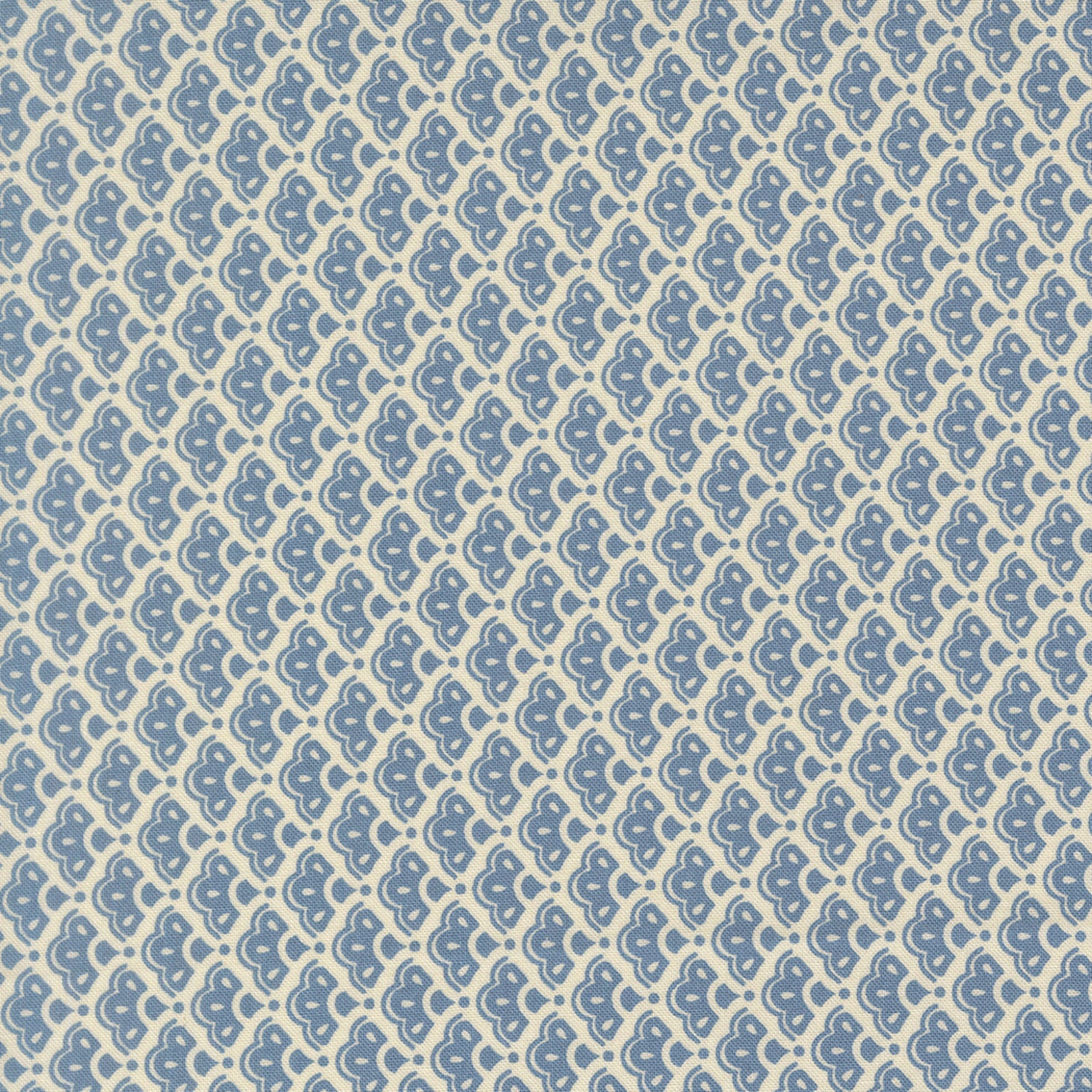 A repeating pattern of blue stylized teardrop or leaf-like motifs arranged diagonally on a warm cream background.