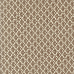 A close-up of a repeating patterned fabric design with brown abstract teardrop-like motifs arranged horizontally on a warm beige background.