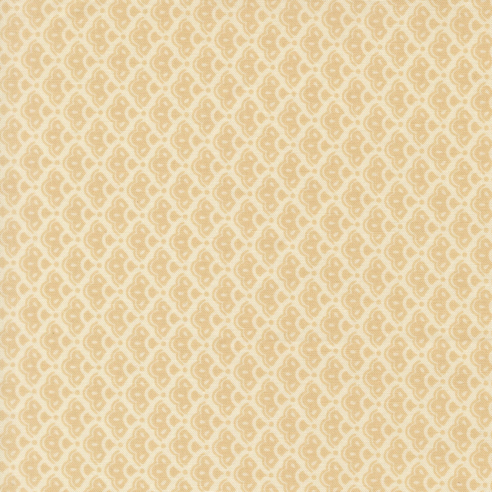 A close-up of a repeating beige and cream ornamental pattern