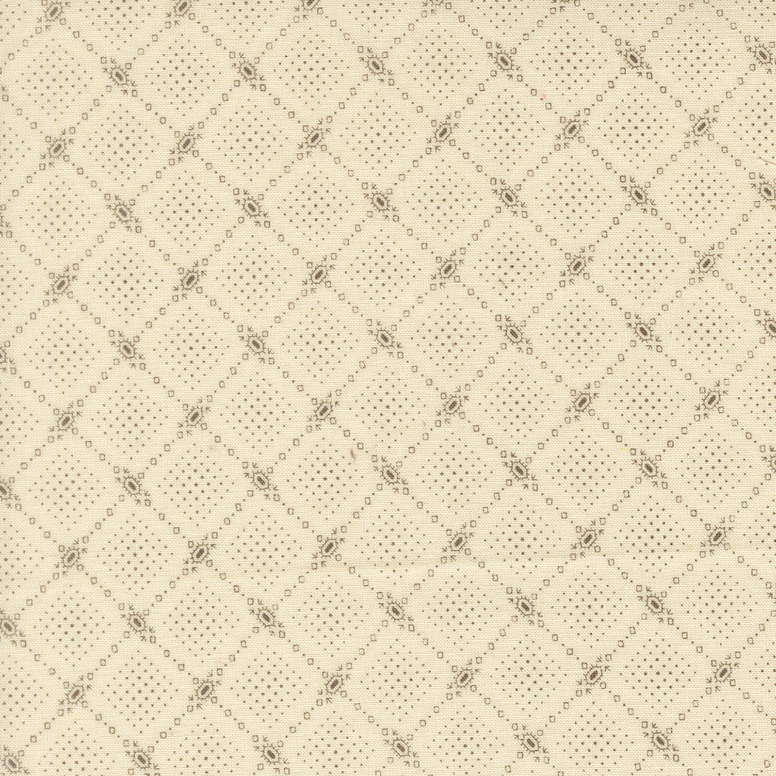 Patterned fabric texture with a diamond grid and small geometric shapes on a beige background