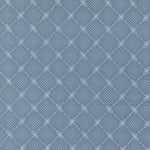 A close-up of a blue fabric featuring a repeating white geometric diamond lattice with small dots and decorative floral motifs.
