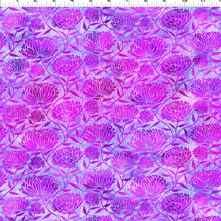 Shades of purple chrysanthemum flower fabric from In the Beginning Fabrics.