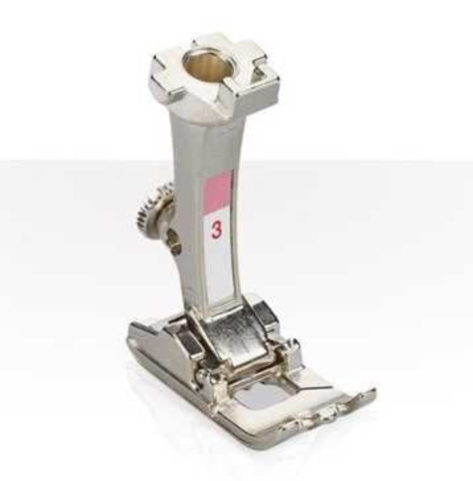 Metal sewing machine foot with a pink label on a white background