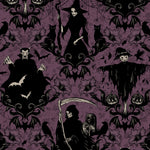 Halloween-themed pattern with skeletons, bats, and pumpkins on a purple background.