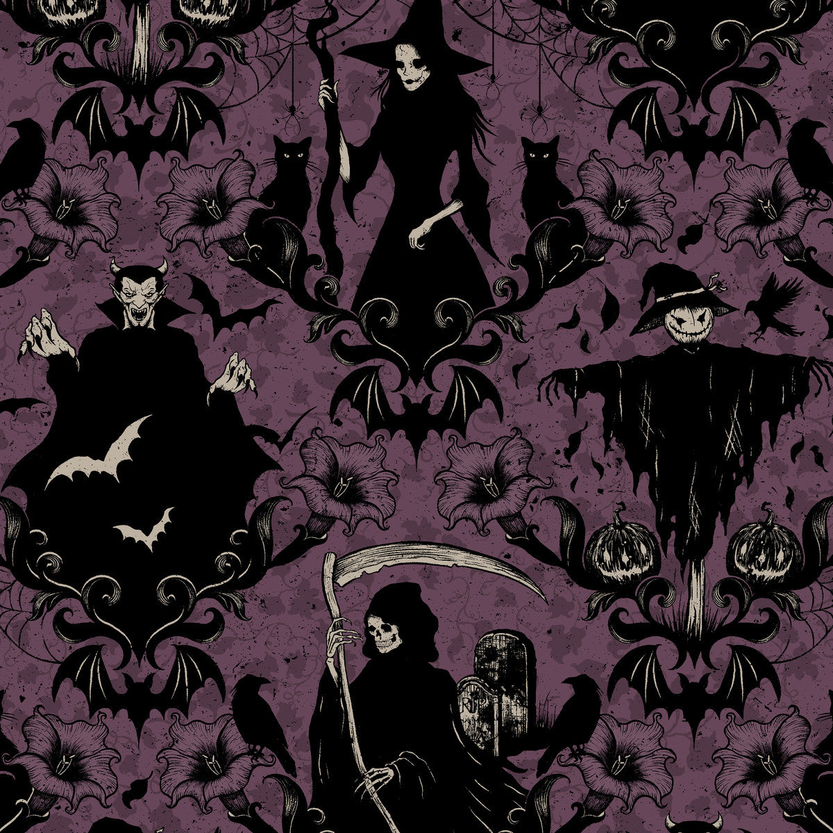 Halloween-themed pattern with skeletons, bats, and pumpkins on a purple background.