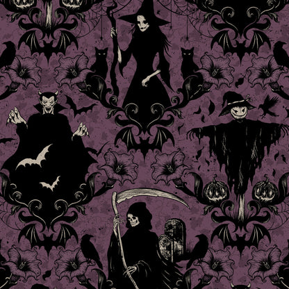 Halloween-themed pattern with skeletons, bats, and pumpkins on a purple background.