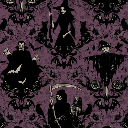 Halloween-themed pattern with skeletons, bats, and pumpkins on a purple background.