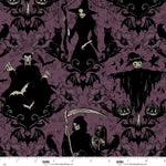 Halloween-themed fabric with black silhouettes on a purple background, featuring ghosts, bats, and pumpkins.