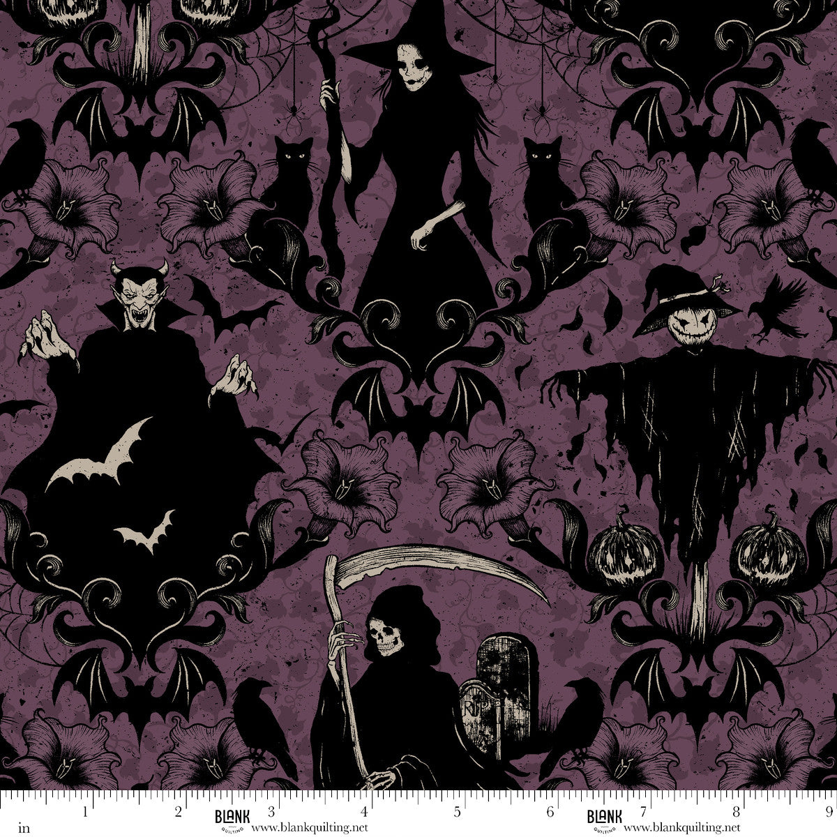 Halloween-themed fabric with black silhouettes on a purple background, featuring ghosts, bats, and pumpkins.
